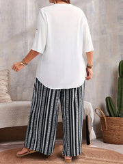 Plus Size Solid Roll Up Notched Button Blouse & Geometric Pants
