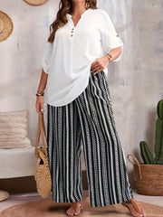Plus Size Solid Roll Up Notched Button Blouse & Geometric Pants