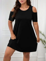 Plus Size Solid Round Neck Cold Shoulder Short Sleeve A-line Dress