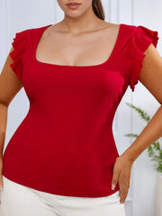Plus Size Solid Ruffles Square Neck Top