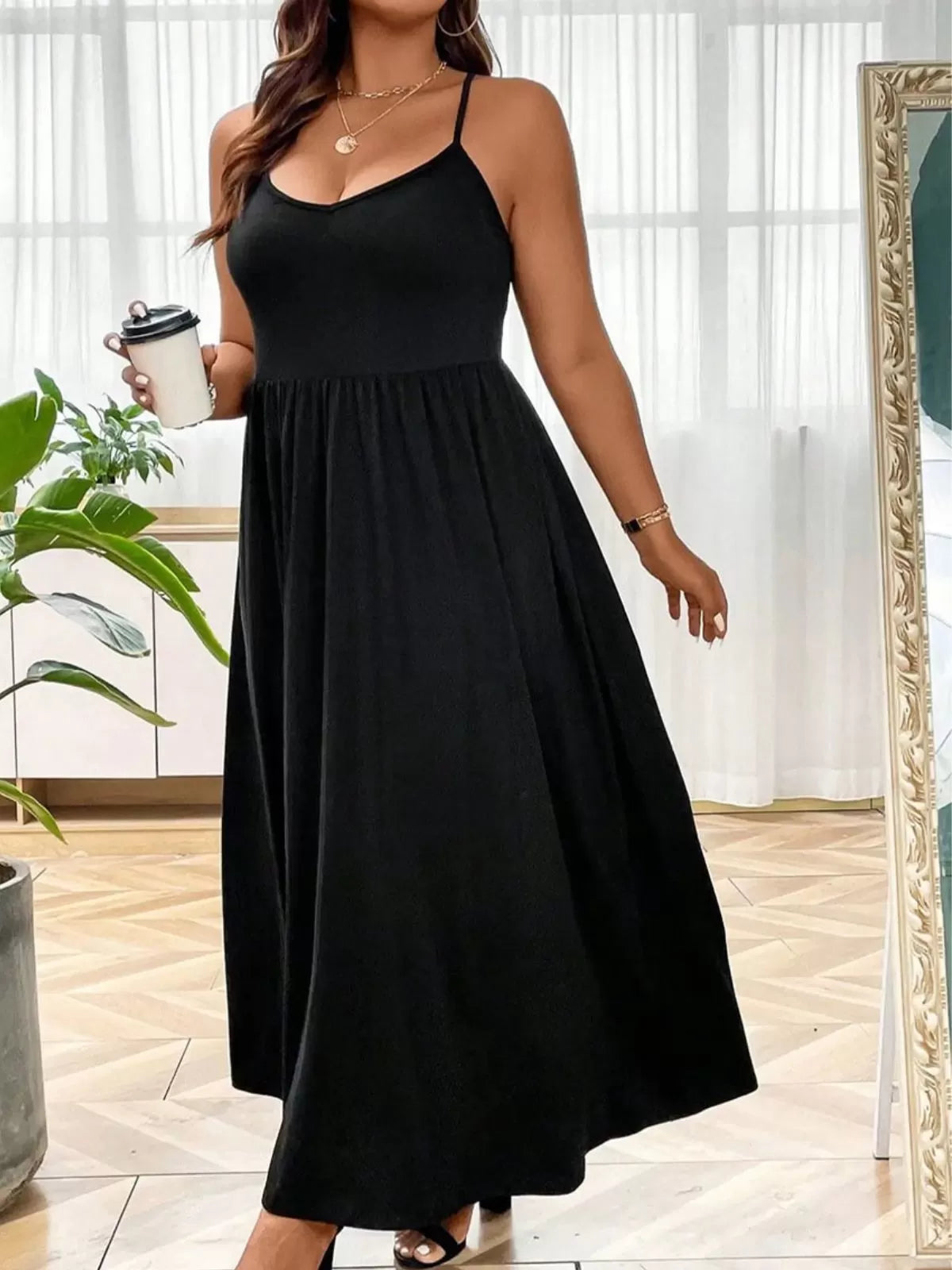 Plus Size Solid Spaghetti Strap Casual A-line Dress