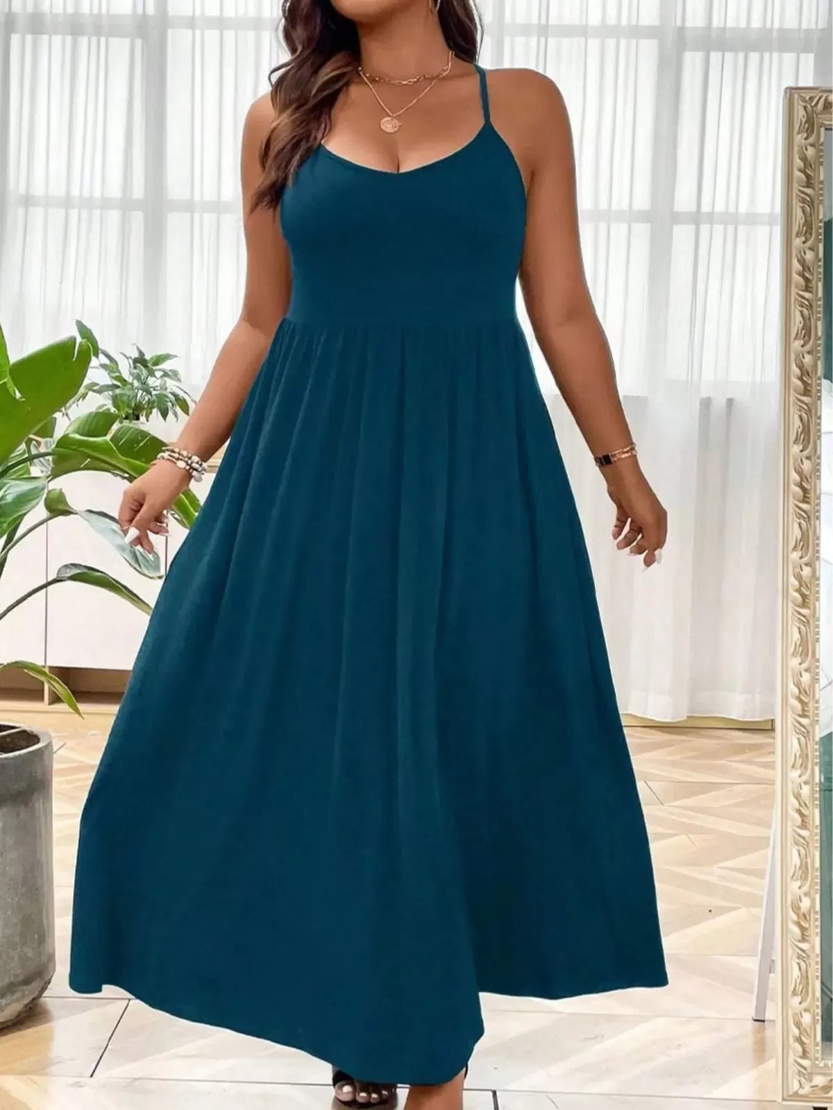 Plus Size Solid Spaghetti Strap Casual A-line Dress