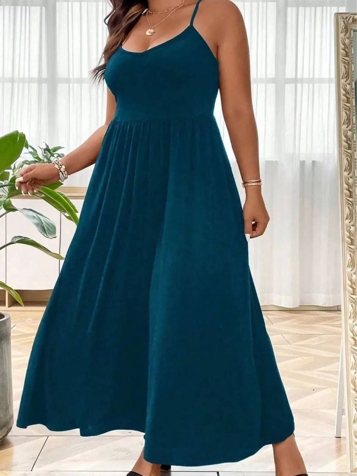 Plus Size Solid Spaghetti Strap Casual A-line Dress