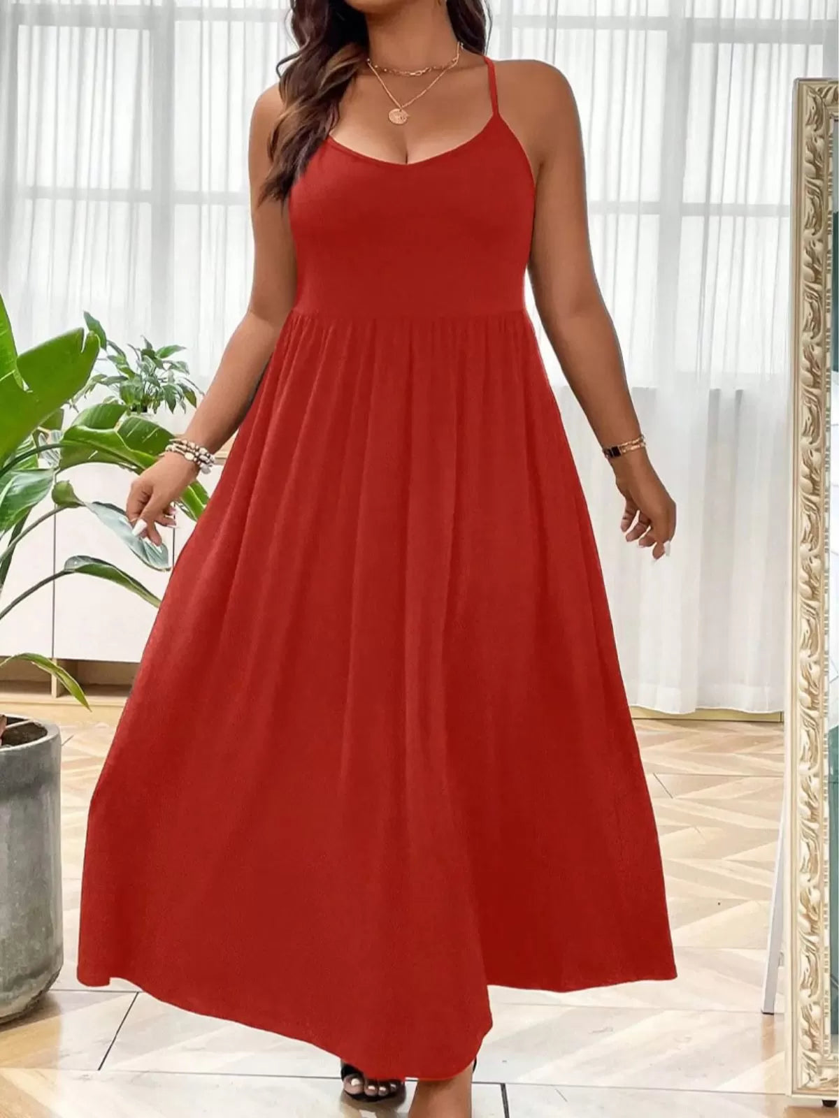 Plus Size Solid Spaghetti Strap Casual A-line Dress