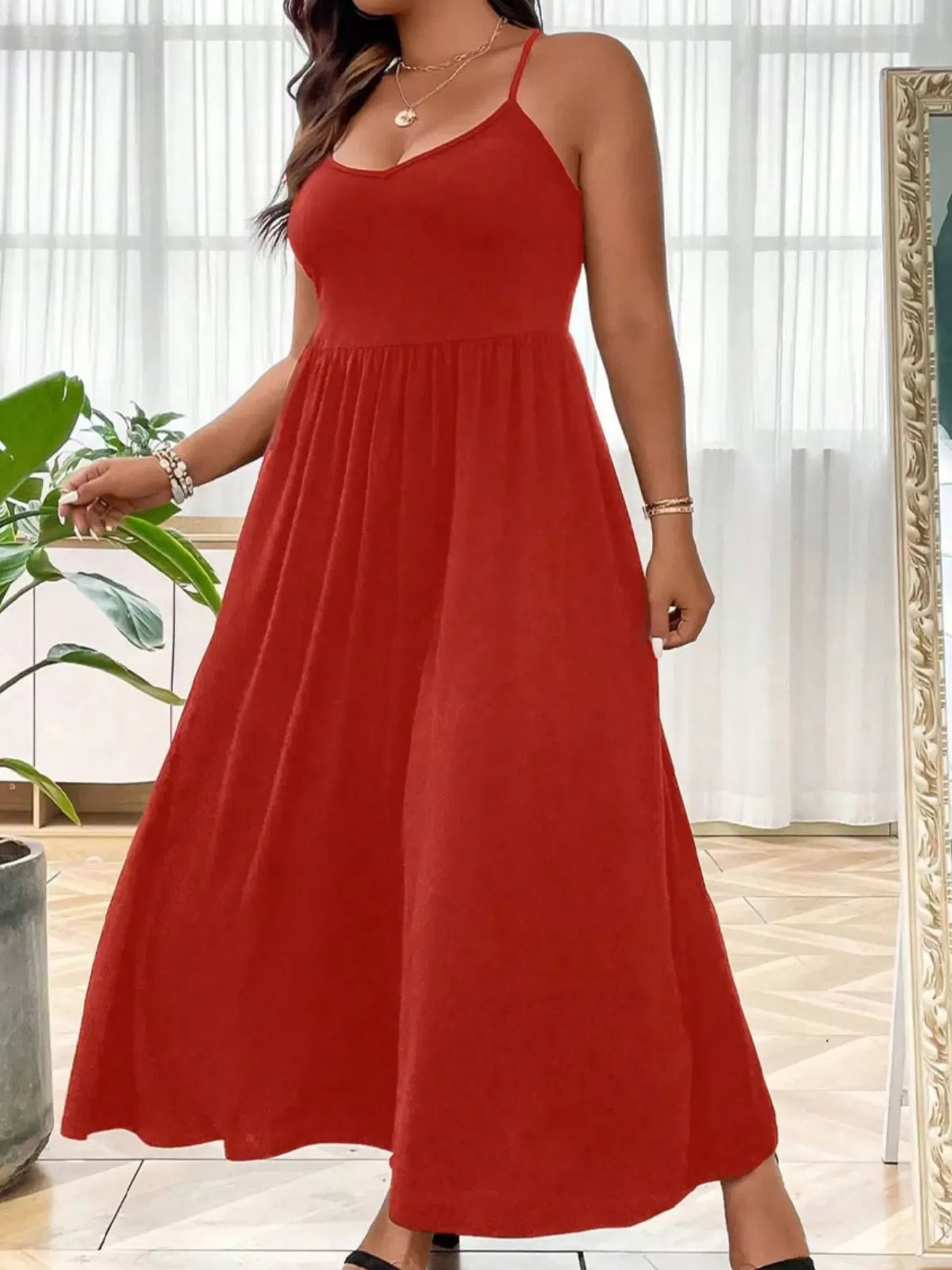 Plus Size Solid Spaghetti Strap Casual A-line Dress