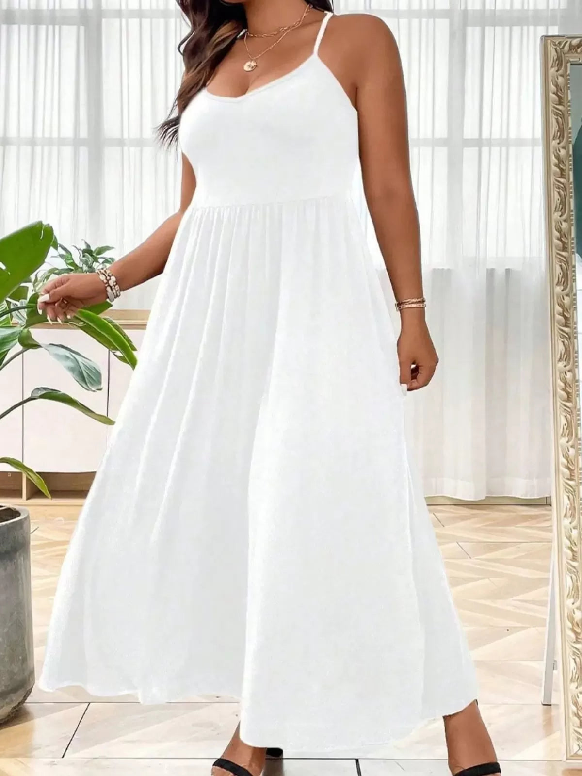 Plus Size Solid Spaghetti Strap Casual A-line Dress