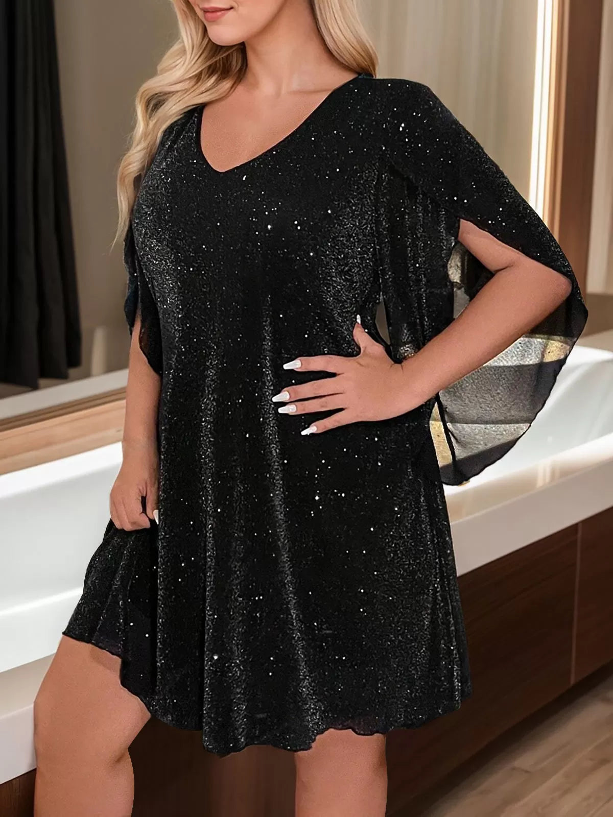 Plus Size Solid V-neck Petal Sleeve Shift Dress
