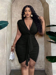 Plus Size Solid Wrinkle Deep V Neck Bodycon Dress