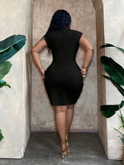 Plus Size Solid Wrinkle Deep V Neck Bodycon Dress