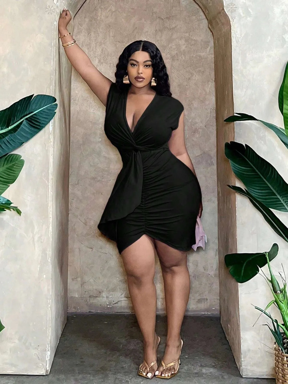 Plus Size Solid Wrinkle Deep V Neck Bodycon Dress