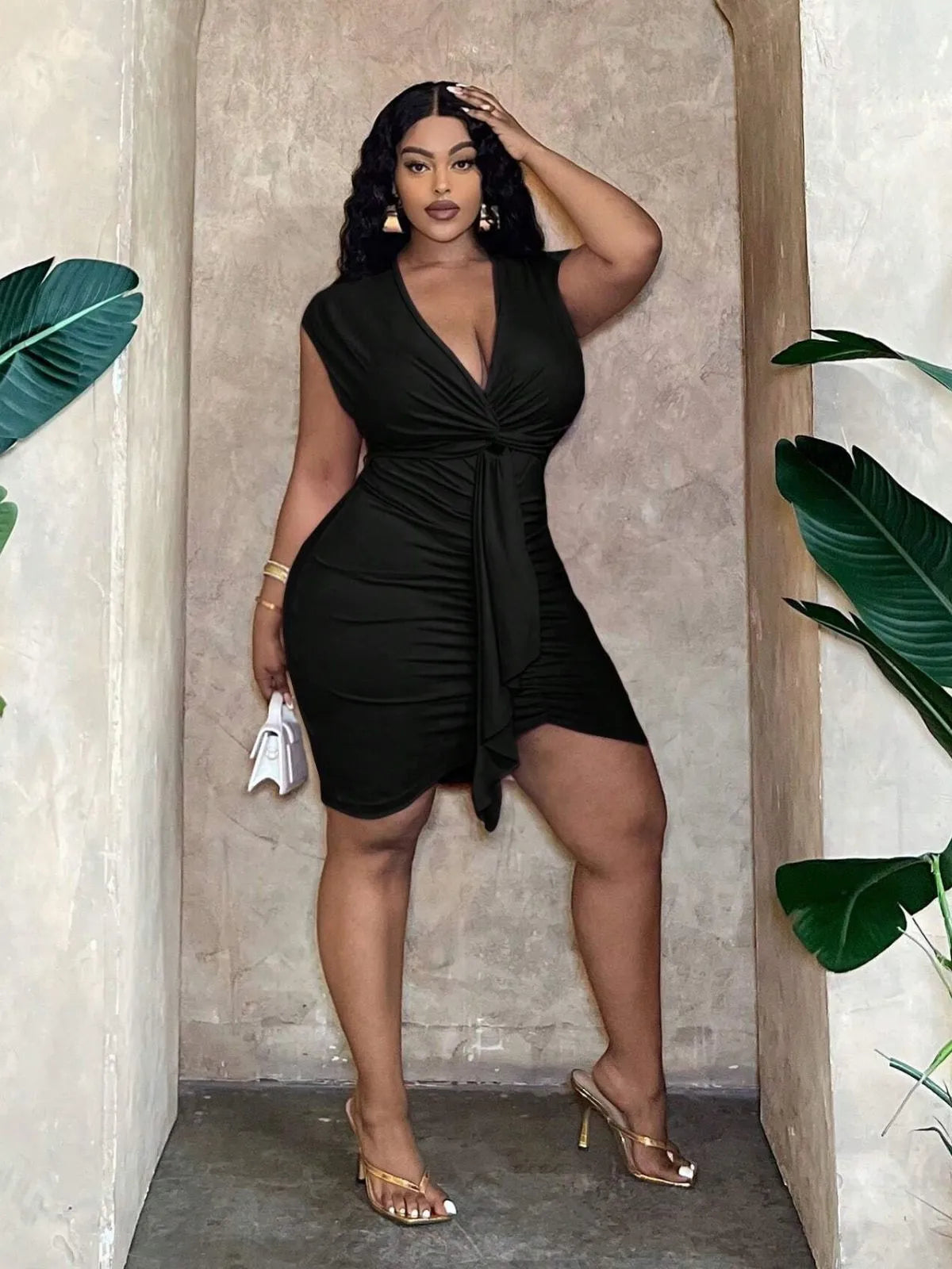 Plus Size Solid Wrinkle Deep V Neck Bodycon Dress