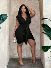 Plus Size Solid Wrinkle Deep V Neck Bodycon Dress