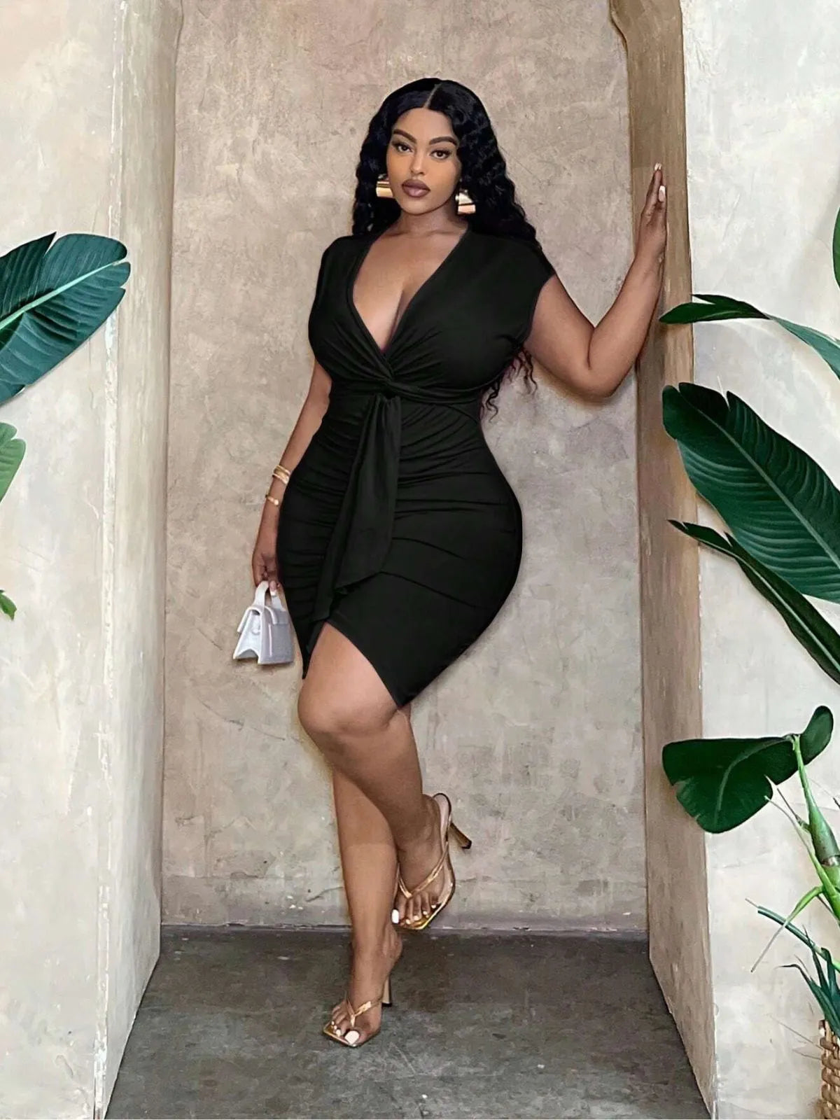 Plus Size Solid Wrinkle Deep V Neck Bodycon Dress
