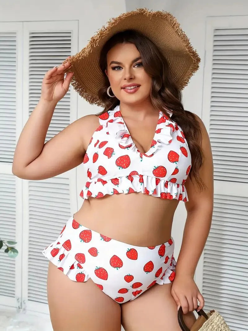 Plus Size Strawberry Ruffles Tankini