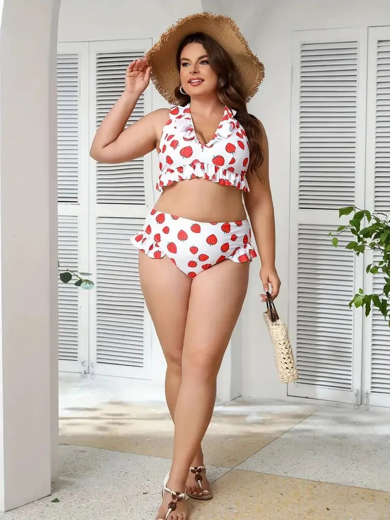 Plus Size Strawberry Ruffles Tankini