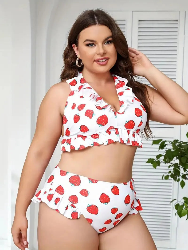 Plus Size Strawberry Ruffles Tankini