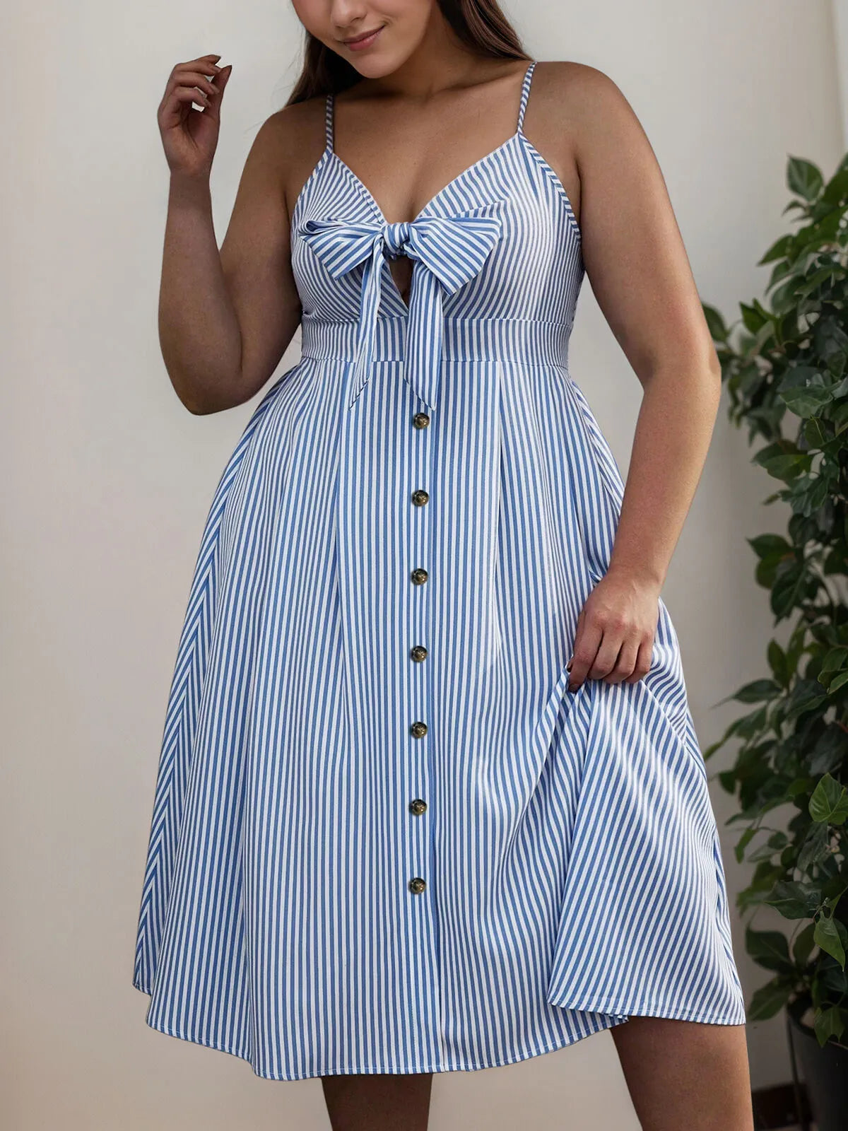 Plus Size Striped Bow Spaghetti Strap Trumpet Dress