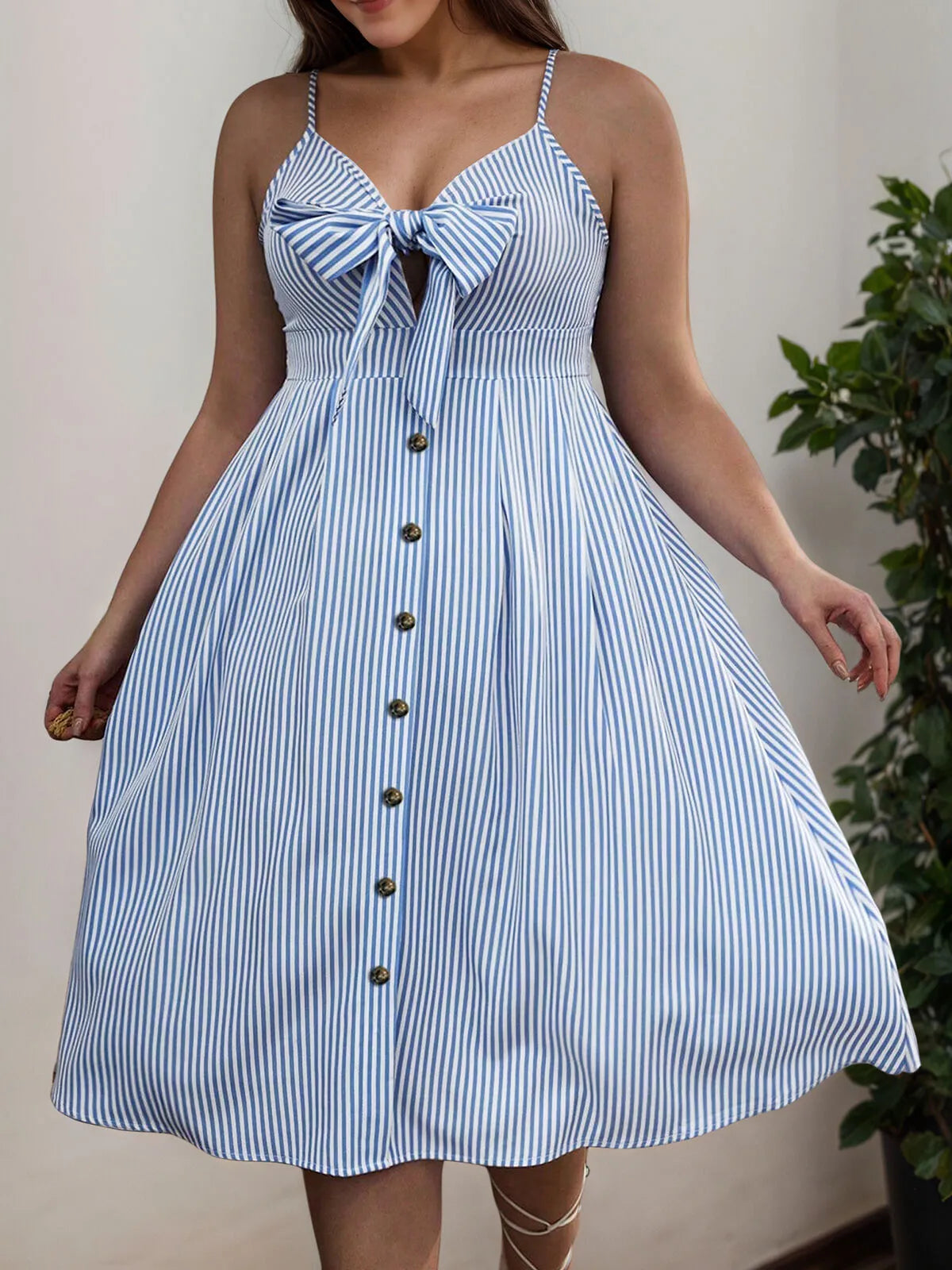 Plus Size Striped Bow Spaghetti Strap Trumpet Dress
