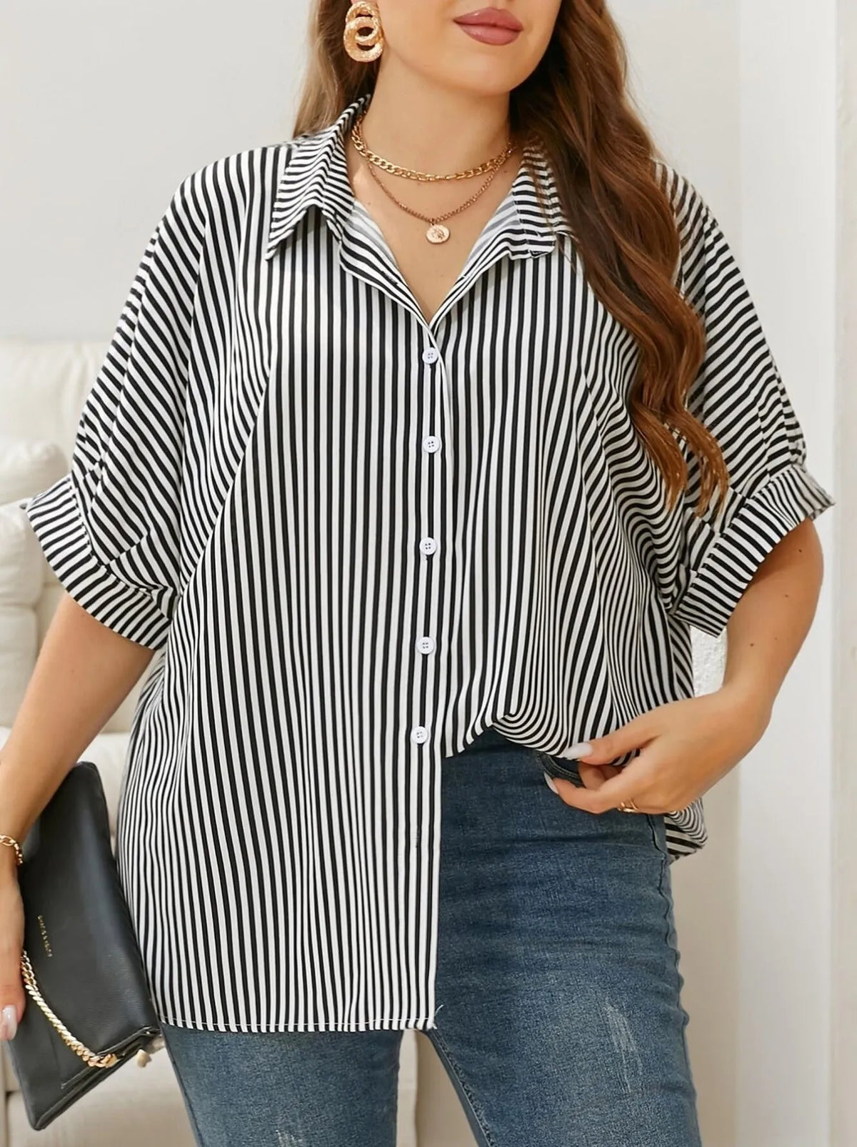 Plus Size Striped Button Lapel Blouse