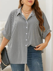 Plus Size Striped Button Lapel Blouse