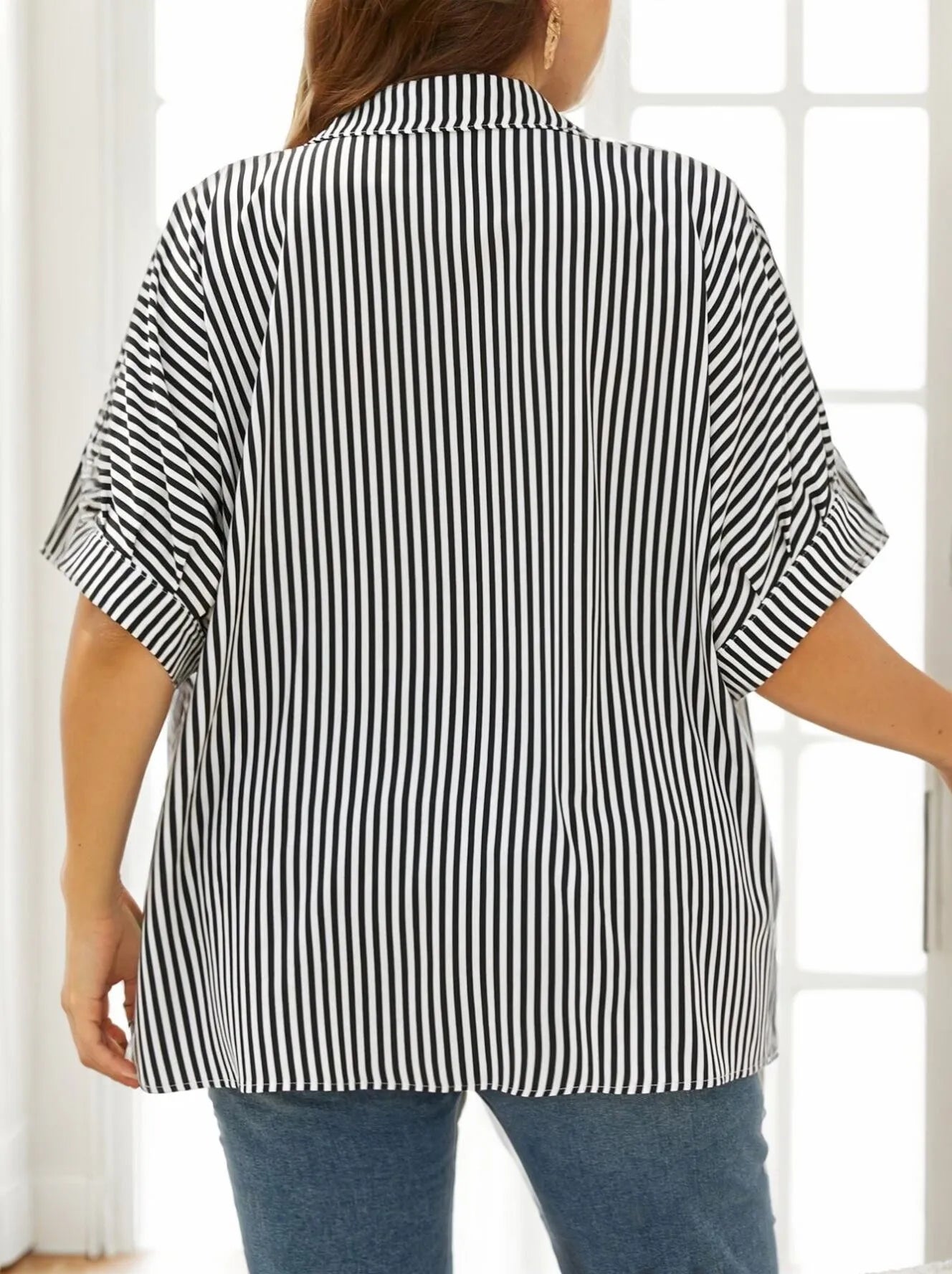 Plus Size Striped Button Lapel Blouse