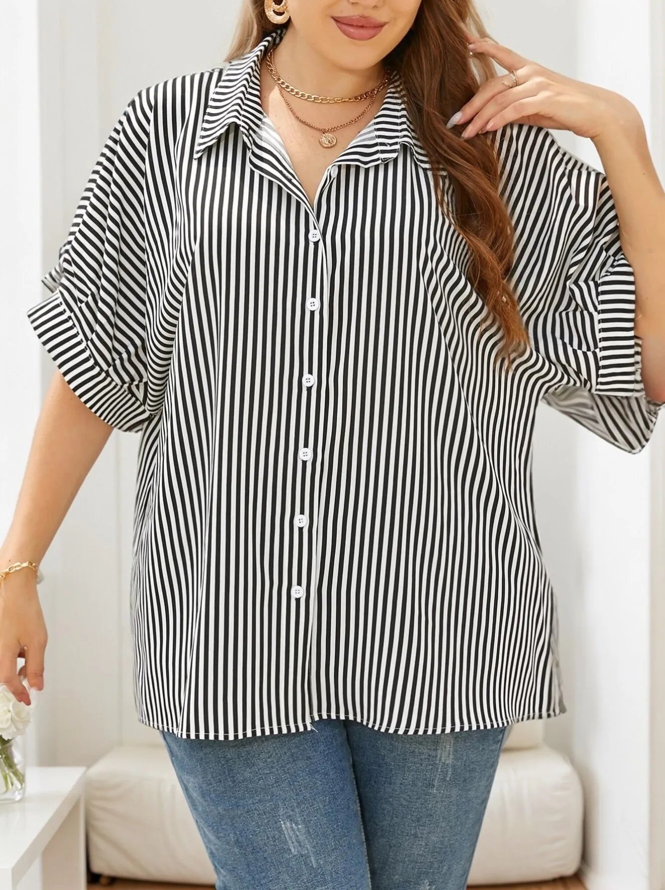 Plus Size Striped Button Lapel Blouse