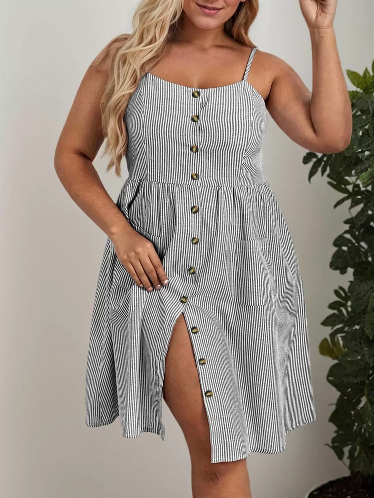 Plus Size Striped Button Spaghetti Strap Umbrella Dress