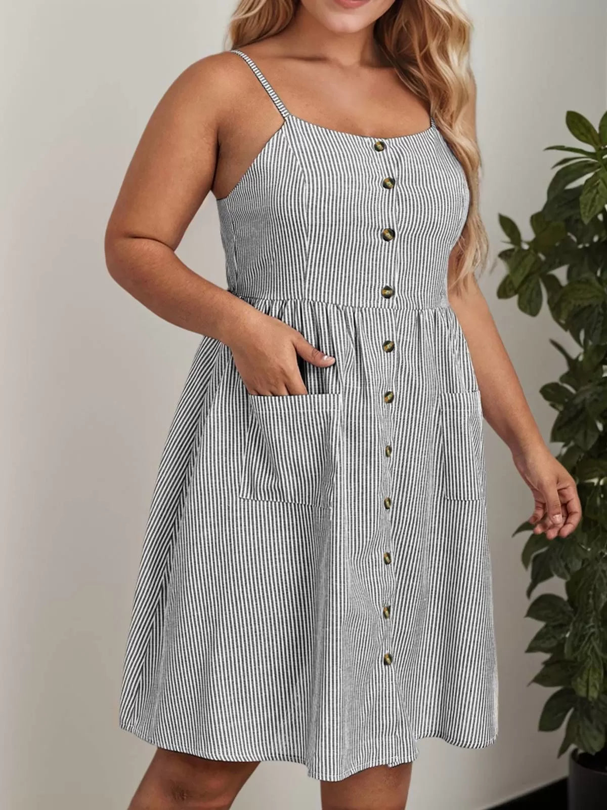 Plus Size Striped Button Spaghetti Strap Umbrella Dress
