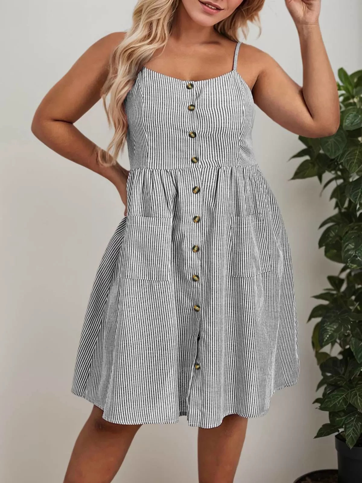 Plus Size Striped Button Spaghetti Strap Umbrella Dress