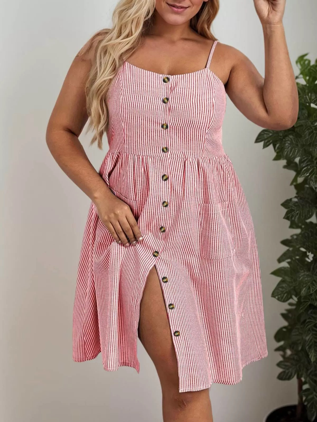 Plus Size Striped Button Spaghetti Strap Umbrella Dress