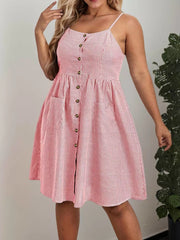 Plus Size Striped Button Spaghetti Strap Umbrella Dress