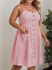 Plus Size Striped Button Spaghetti Strap Umbrella Dress