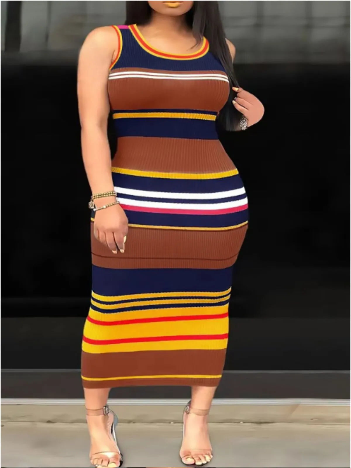 Plus Size Wide Horizontal Stripes Round Neck Bodycon Dress