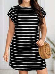 Plus Size Striped Round Neck Cap Tee Dress