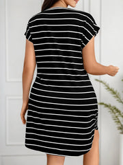 Plus Size Striped Round Neck Cap Tee Dress