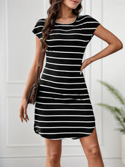 Plus Size Striped Round Neck Cap Tee Dress