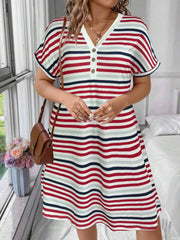 Plus Size Thin Horizontal Stripes Button V-neck A-line Dress