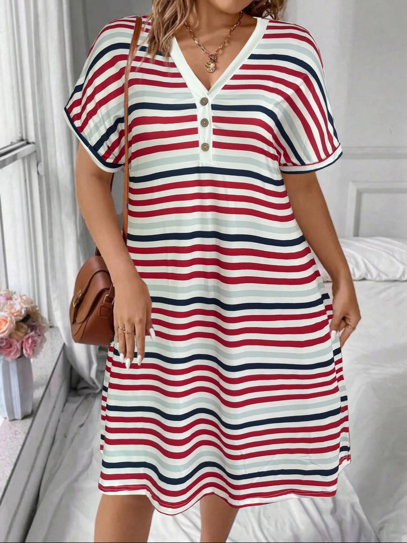 Plus Size Thin Horizontal Stripes Button V-neck A-line Dress