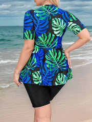Plus Size Tropical Print Zipper High Rise Tankini