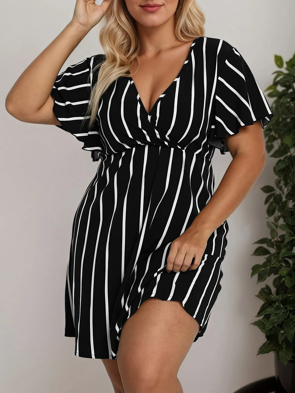 Plus Size Vertical Stripes Wrapped Butterfly Sleeve A-line Dress