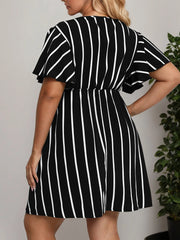 Plus Size Vertical Stripes Wrapped Butterfly Sleeve A-line Dress