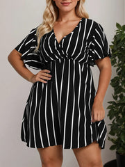 Plus Size Vertical Stripes Wrapped Butterfly Sleeve A-line Dress