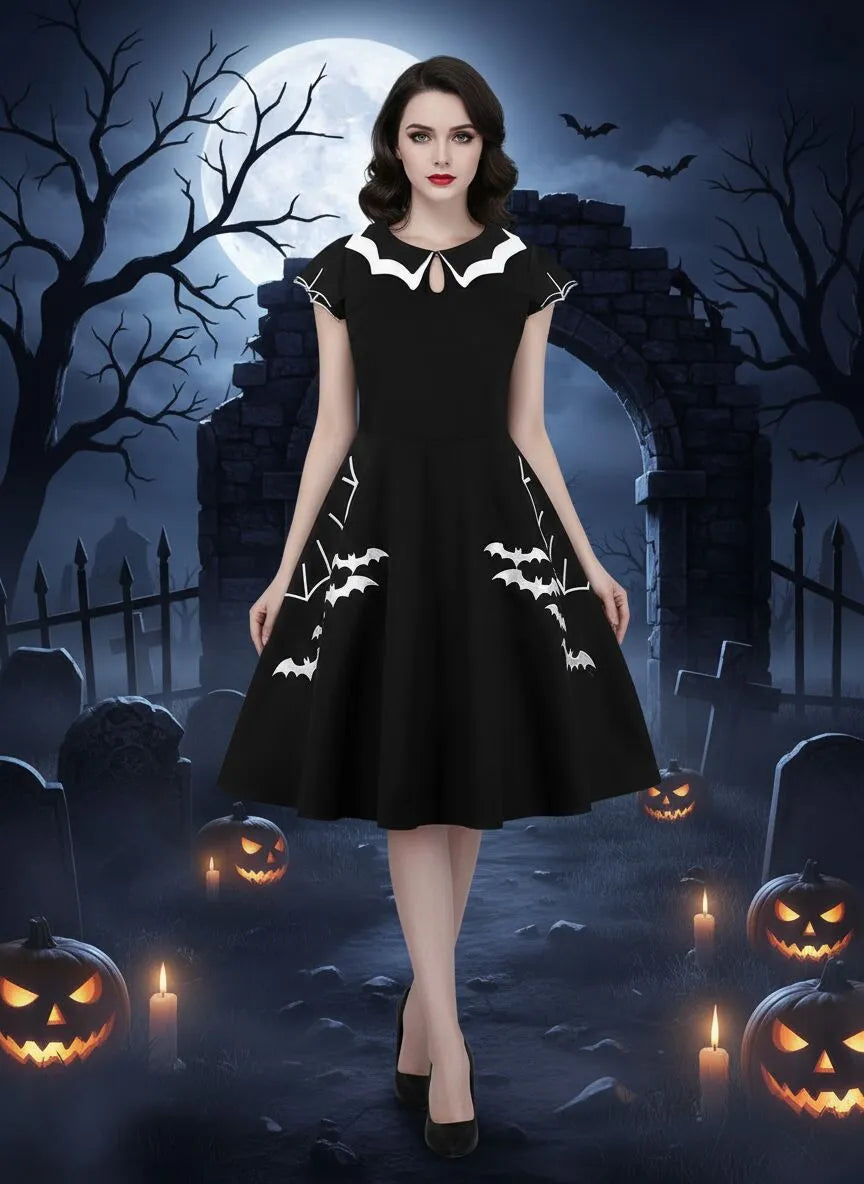 Plus Size Vintage Spider Web Bat Halloween Embroidery A-line Dress 