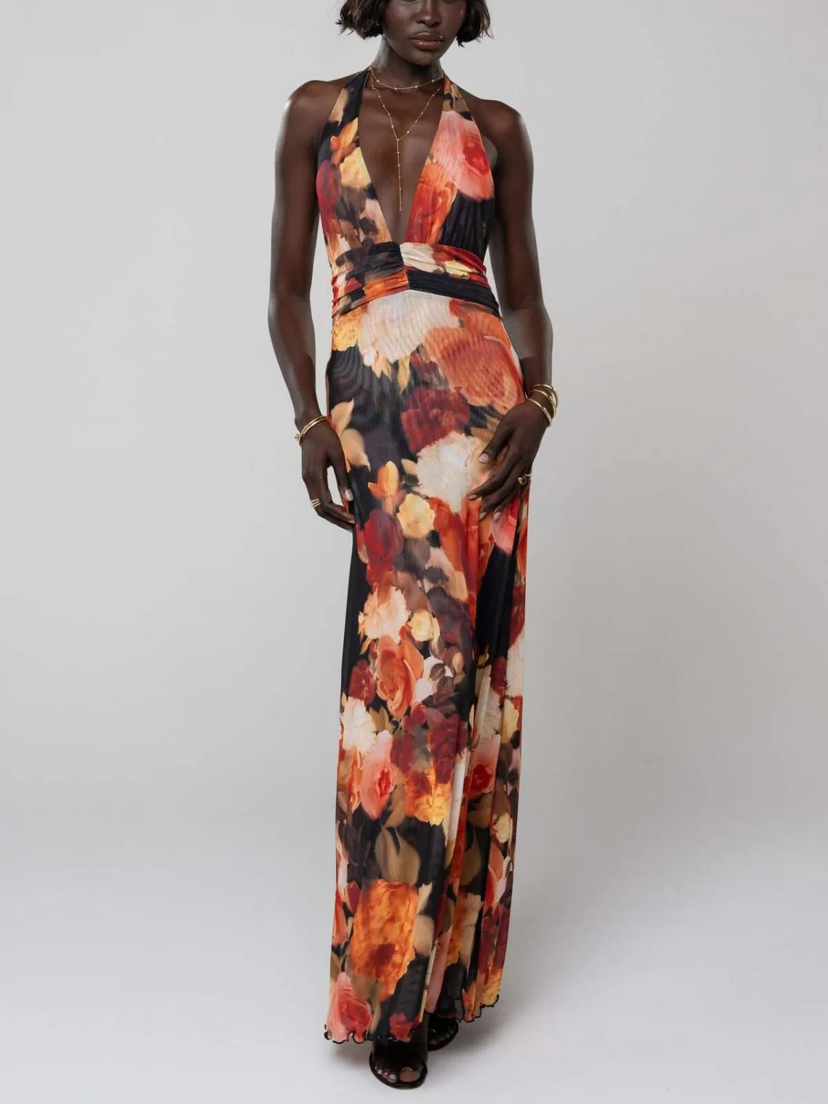 Polka Dots Floral Summer Vacation Backless Halter Mesh A-line Dress