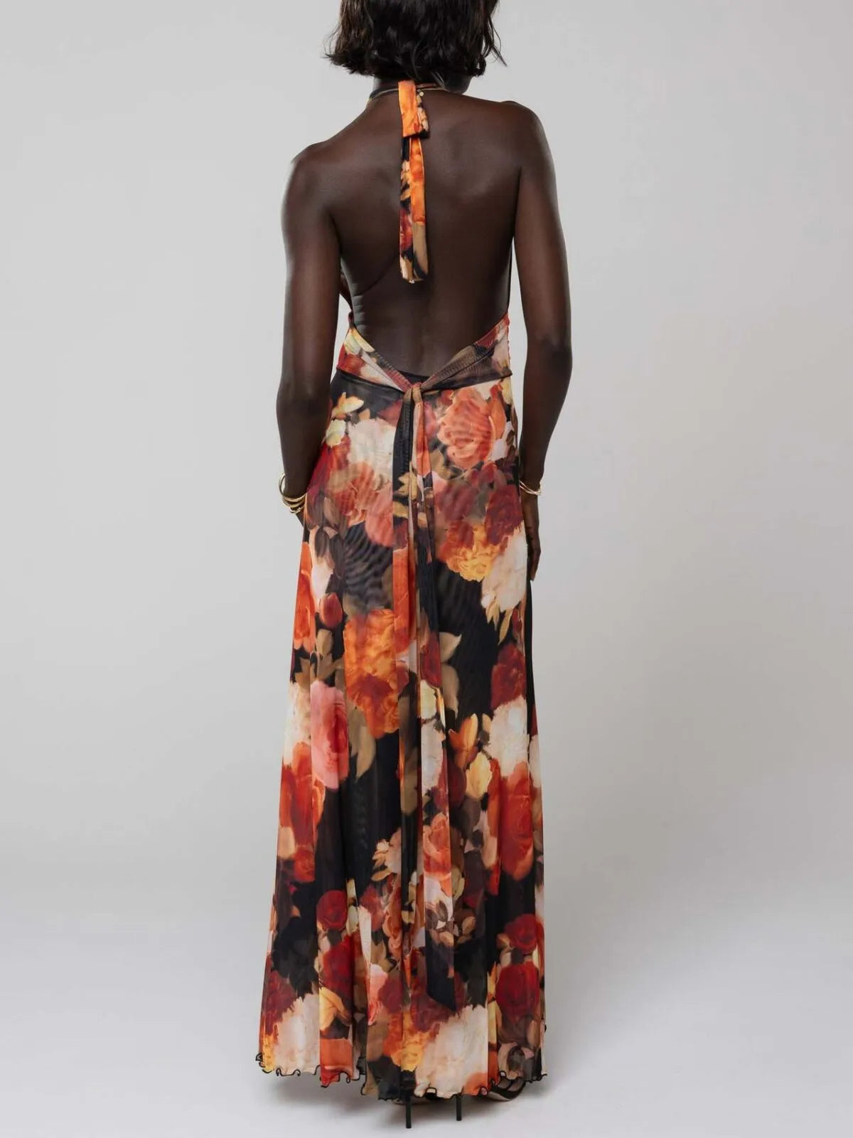 Polka Dots Floral Summer Vacation Backless Halter Mesh A-line Dress