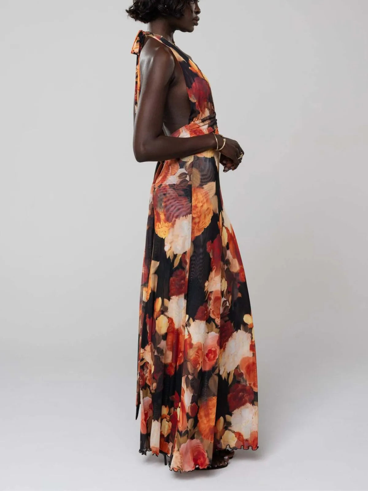 Polka Dots Floral Summer Vacation Backless Halter Mesh A-line Dress