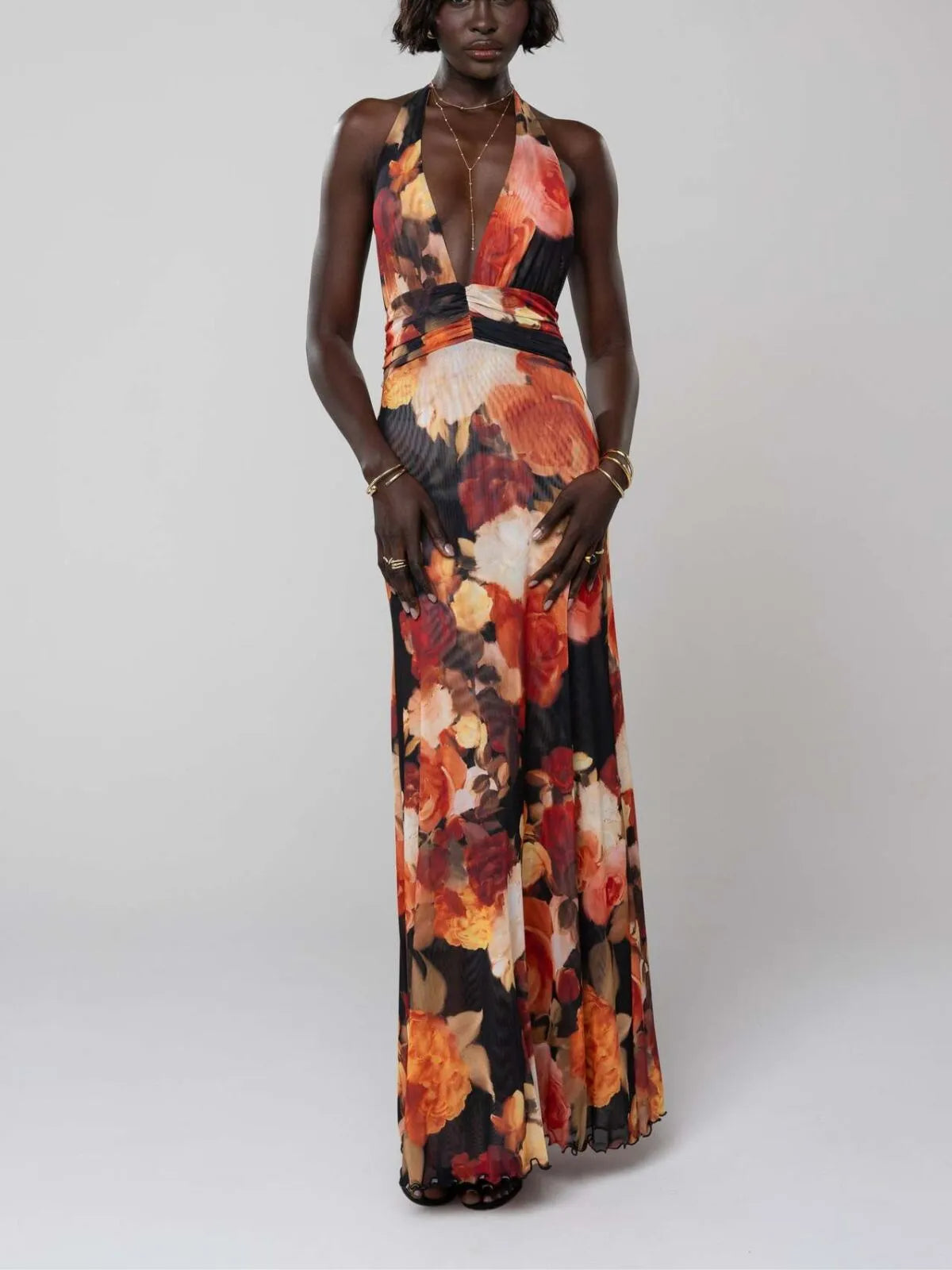 Polka Dots Floral Summer Vacation Backless Halter Mesh A-line Dress