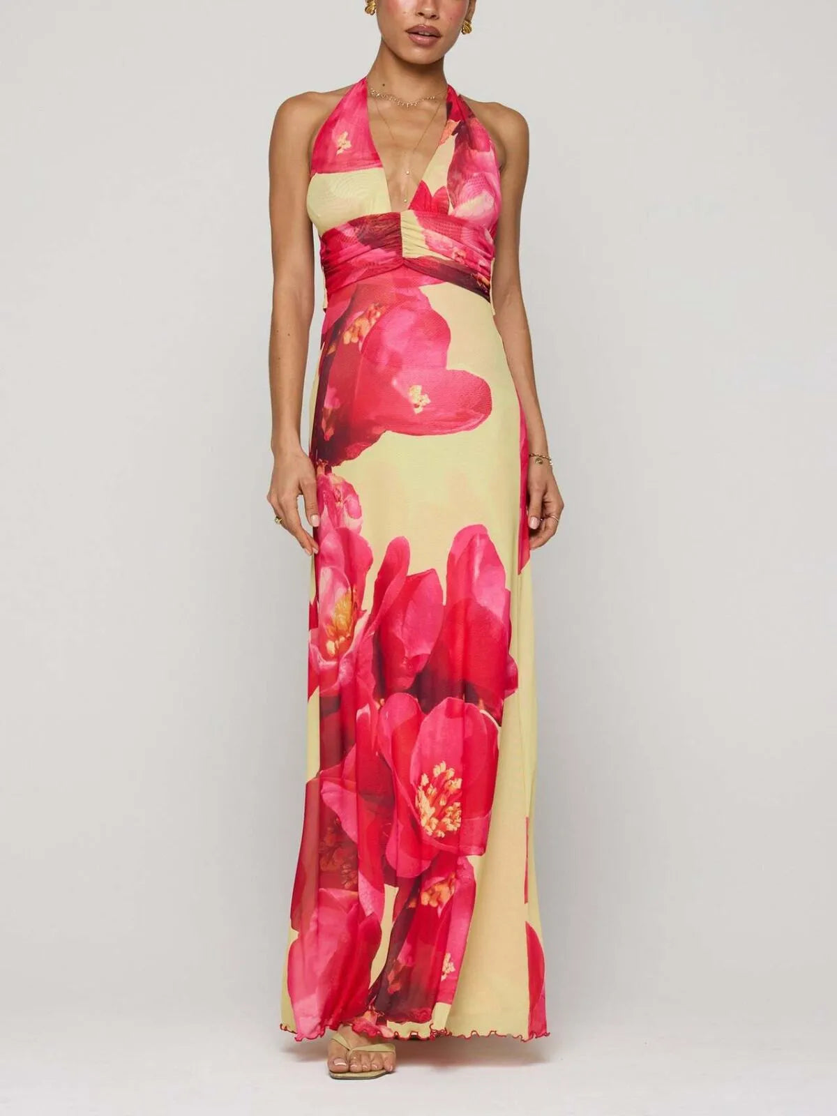 Polka Dots Floral Summer Vacation Backless Halter Mesh A-line Dress