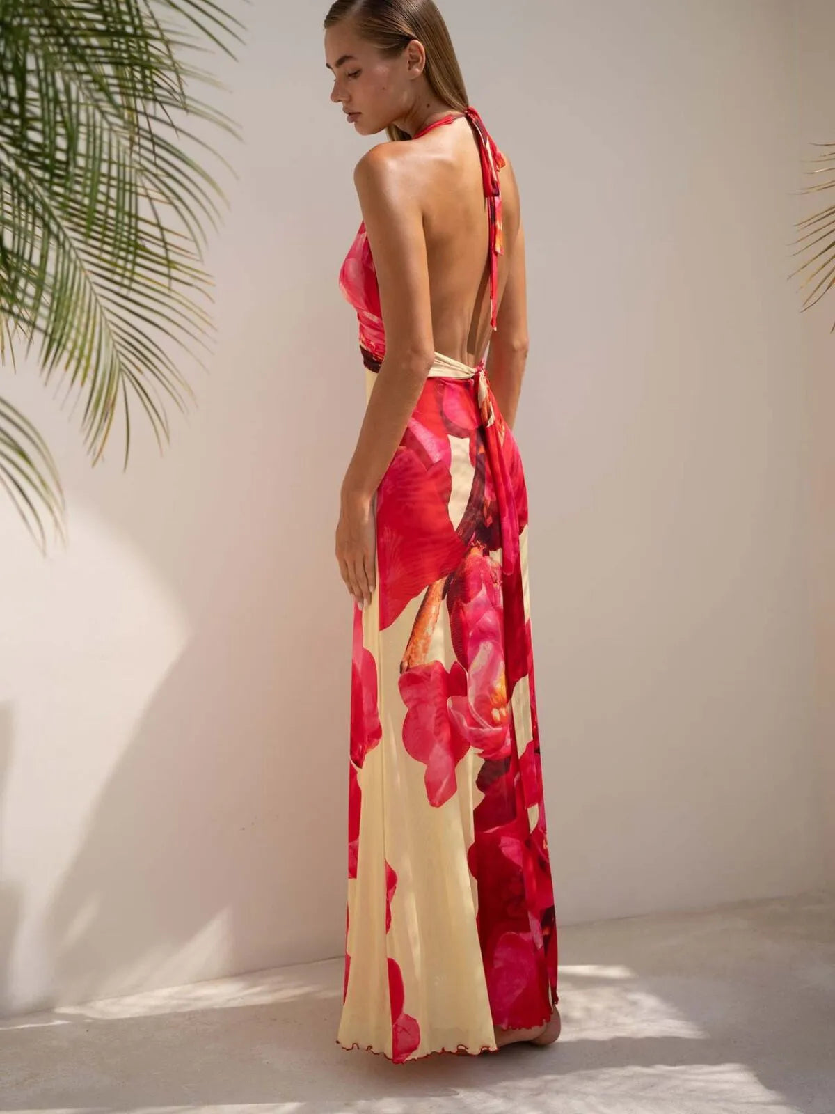 Polka Dots Floral Summer Vacation Backless Halter Mesh A-line Dress