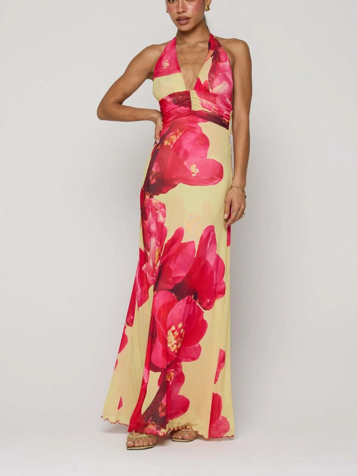 Polka Dots Floral Summer Vacation Backless Halter Mesh A-line Dress